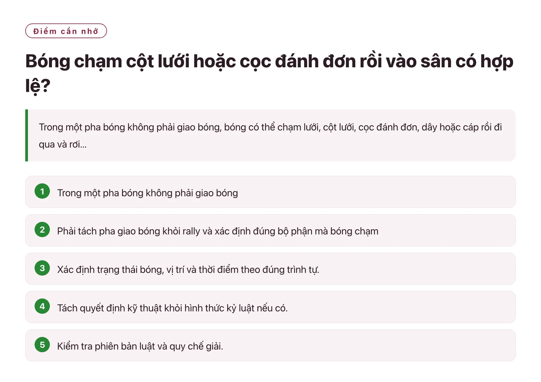 Bóng chạm cột lưới hoặc cọc đánh đơn rồi vào sân có hợp lệ?——全文要点速览